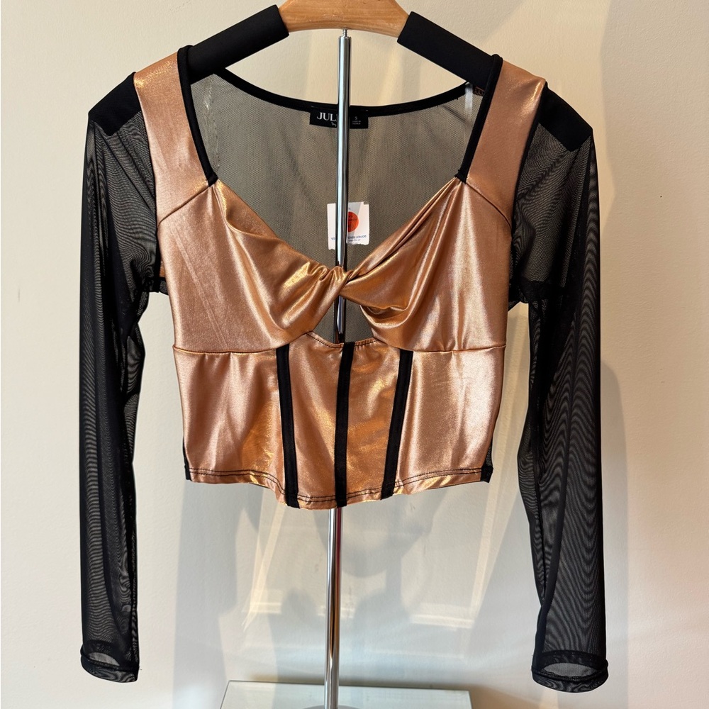 Black mesh and rose gold metallic Long Sleeve Crop Top